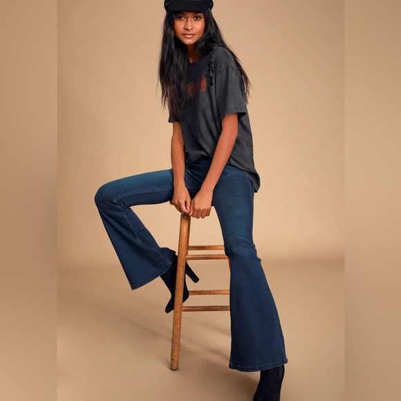 Free people Penny Pull on stretch Flares dark indigo sz 25 frayed hem - Picture 4 of 8